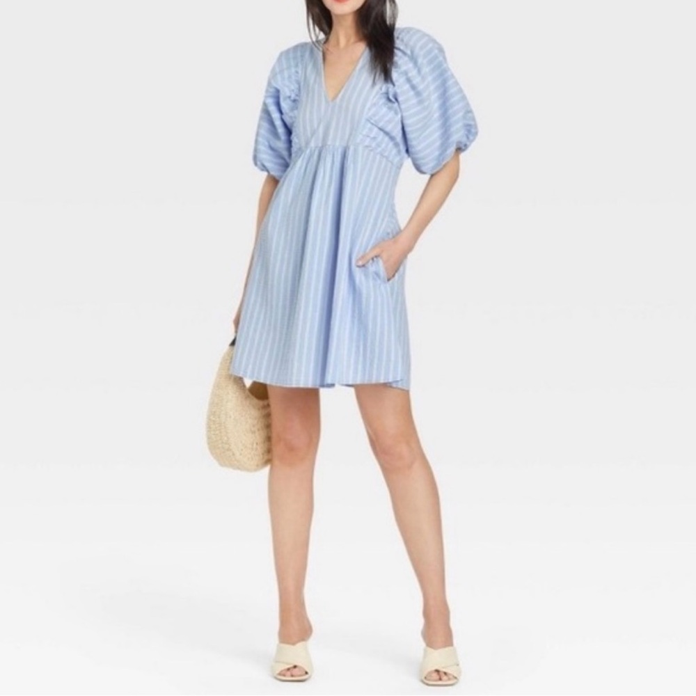 A New Day, womens puff sleeve, mini dress, blue and white, size large